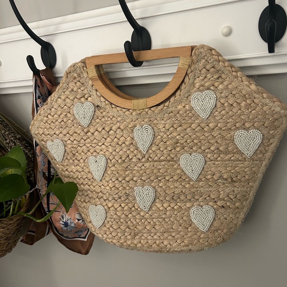 Shiraleah Tan Woven Tote with White Heart Accents